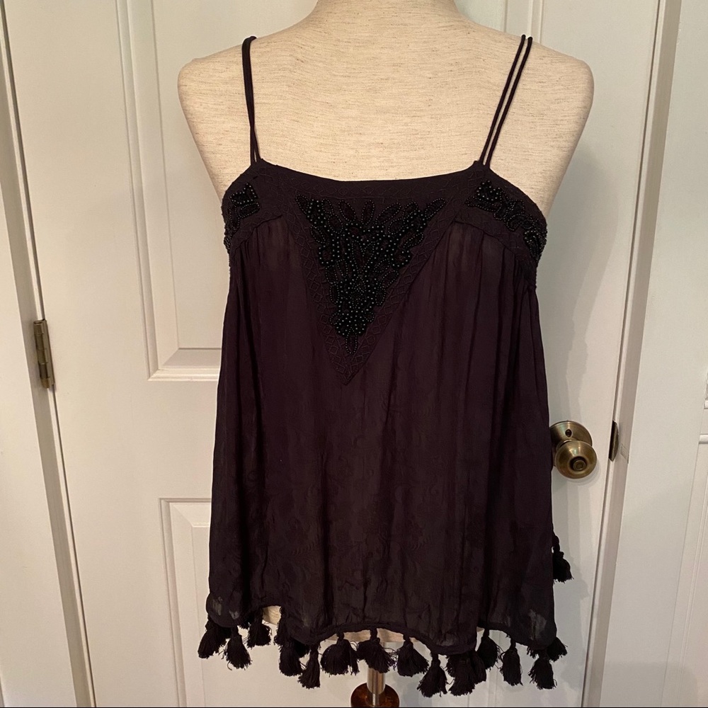 ECOTE TOP TANK CAMISOLE BLACK BEADS FRINGE SPAGHETTI STRAPS Size S
